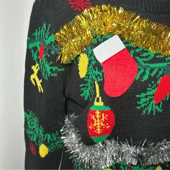 Women's No Boundaries Christmas Large Sweater Black Gold Silver Trim Ornaments - Picture 3 of 10